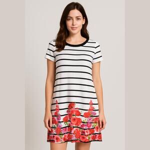 Jessica Simpson White Black Stripes Pink Floral Short Sleeve Shift Dress Plus 14